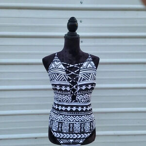 Marina Vida Women's Swim Swimsuit  Black White Lace Up Detail One-Piece XL